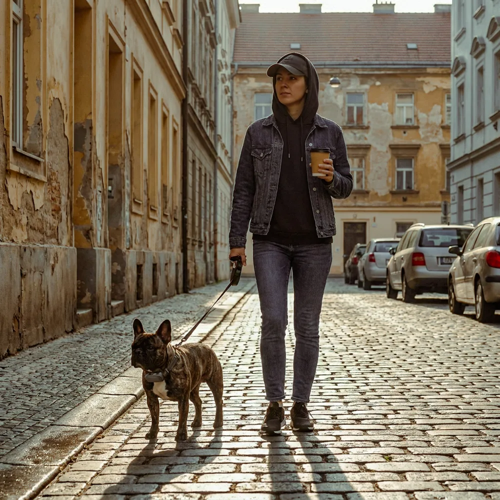 Žena s&nbsp;francouzským buldočkem na procházce ve městě